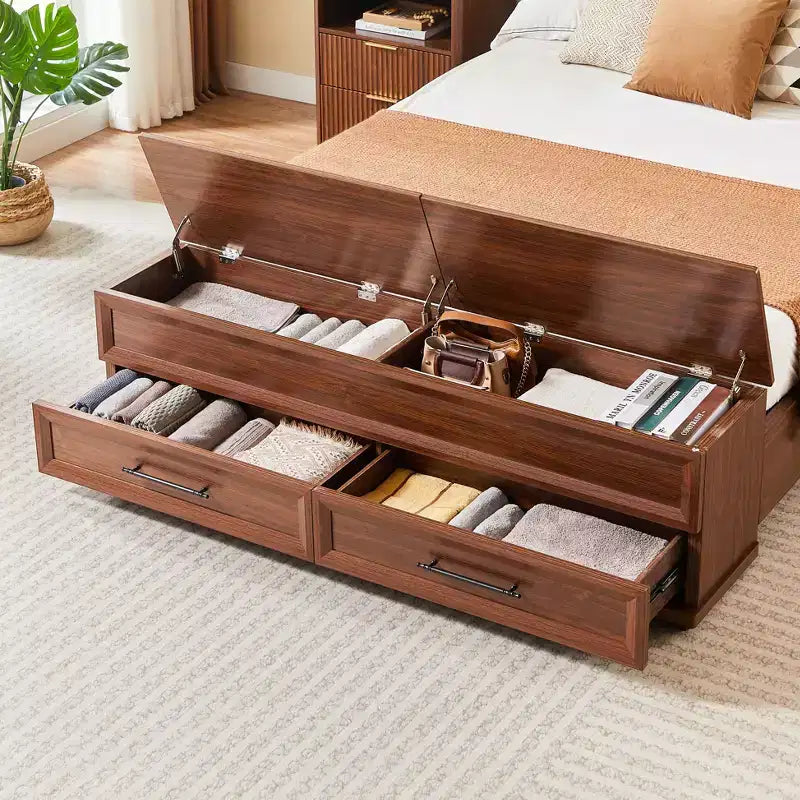 GDFStudio Nuru Modern Wooden Bed Frame with 3D Geometric Headboard and 4-Drawer Storage Bench