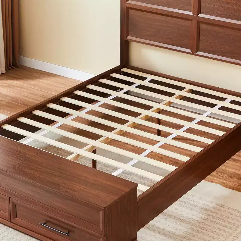 GDFStudio Nuru Modern Wooden Bed Frame with 3D Geometric Headboard and 4-Drawer Storage Bench