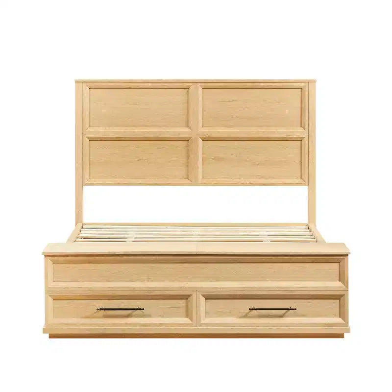 GDFStudio Nuru Modern Wooden Bed Frame with 3D Geometric Headboard and 4-Drawer Storage Bench