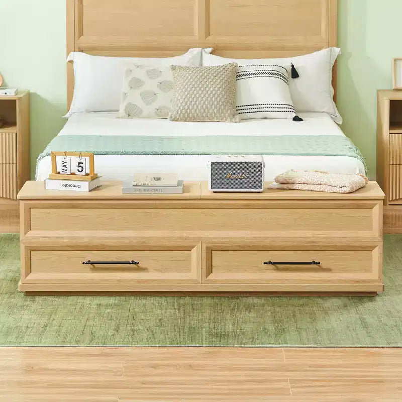 GDFStudio Nuru Modern Wooden Bed Frame with 3D Geometric Headboard and 4-Drawer Storage Bench
