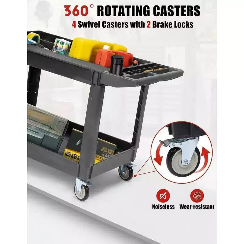 2-Tier Rolling Utility Service Cart with 360 Swivel Wheels & Brakes, 550LBS, Ergonomic Storage Handle for Warehouse/Garage/Cleaning, 40*17 in