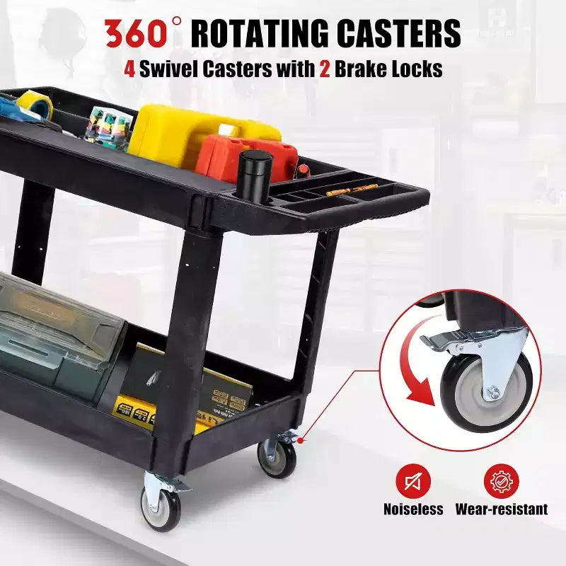 2-Tier Rolling Utility Service Cart with 360 Swivel Wheels & Brakes, 550LBS, Ergonomic Storage Handle for Warehouse/Garage/Cleaning, 40*17 in