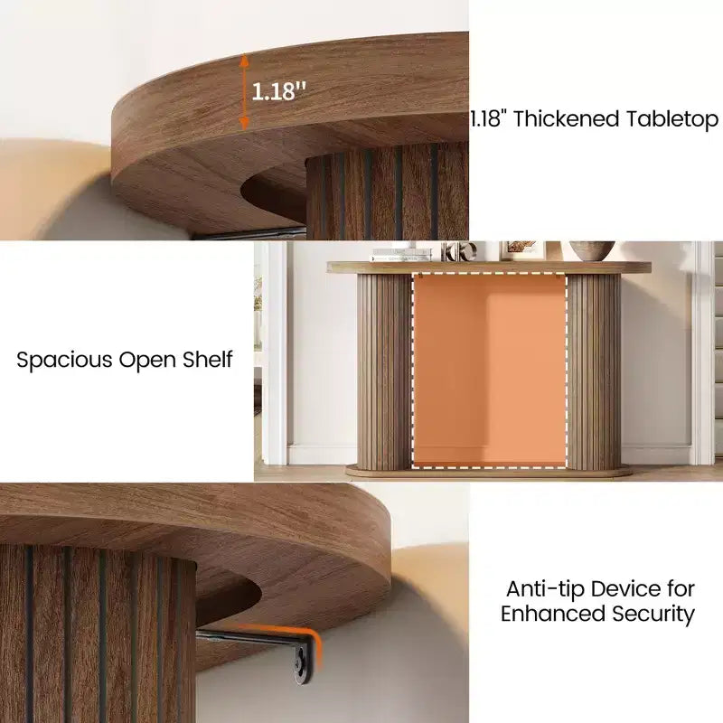Oval Fluted Entryway Console Table, Modern Narrow Sofa Table Behind Couch with Storage Shelf, Wood Accent Hallway Table for Living Room