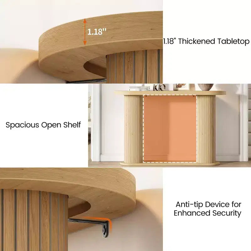 Oval Fluted Entryway Console Table, Modern Narrow Sofa Table Behind Couch with Storage Shelf, Wood Accent Hallway Table for Living Room