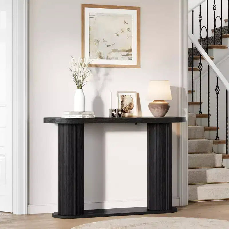 Oval Fluted Entryway Console Table, Modern Narrow Sofa Table Behind Couch with Storage Shelf, Wood Accent Hallway Table for Living Room