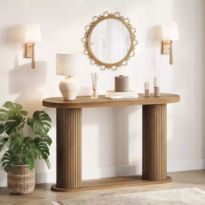 Console d'entrée ovale cannelée, Table de canapé étroite moderne derrière le canapé avec étagère de rangement, Table d'appoint en bois pour le couloir du salon