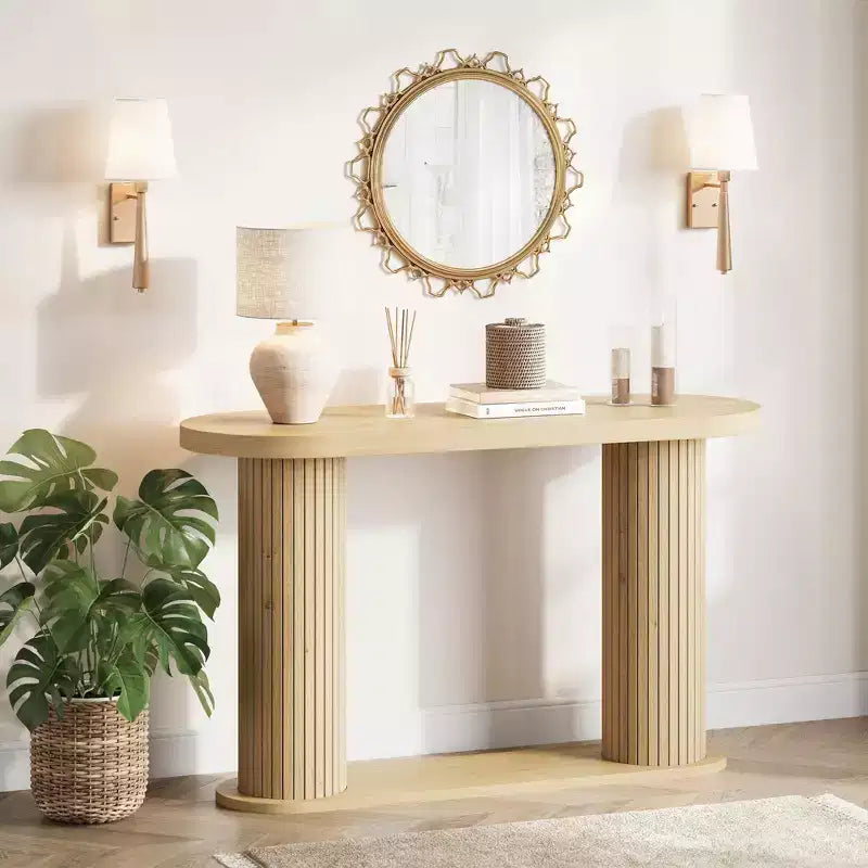 Console d'entrée ovale cannelée, Table de canapé étroite moderne derrière le canapé avec étagère de rangement, Table d'appoint en bois pour le couloir du salon