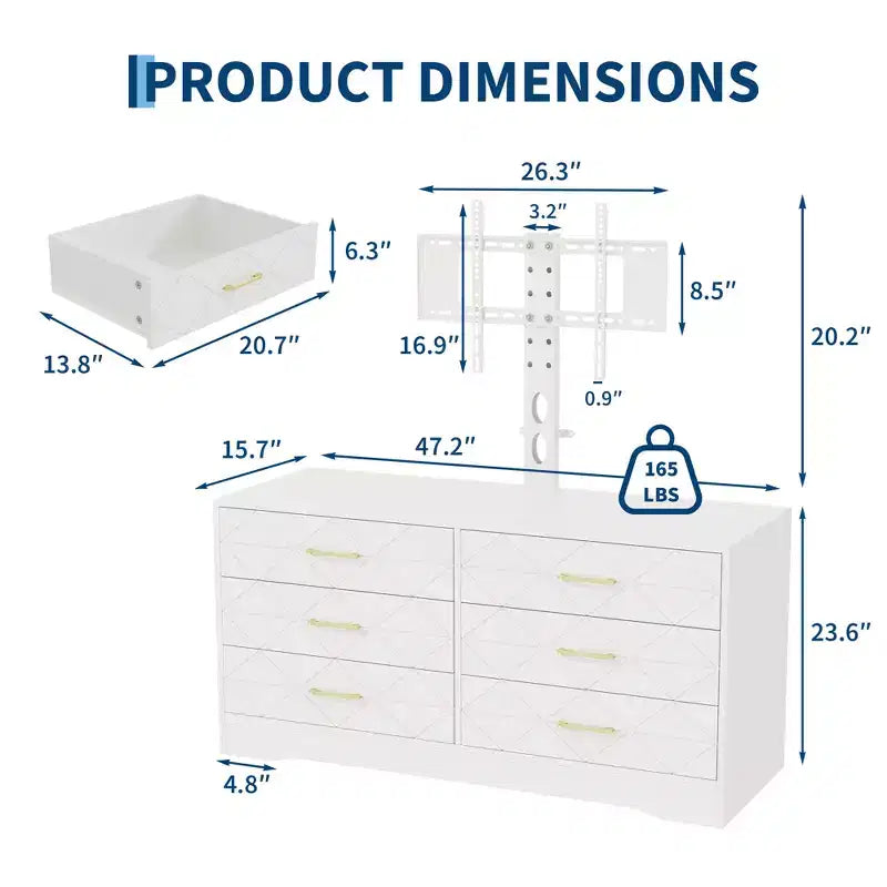 White TV Stand with Mount for 32-80 Inch TVs, 6 Drawer Wood Media Console & Entertainment Center with Height Adjustable Mount, Storage TV Dresser