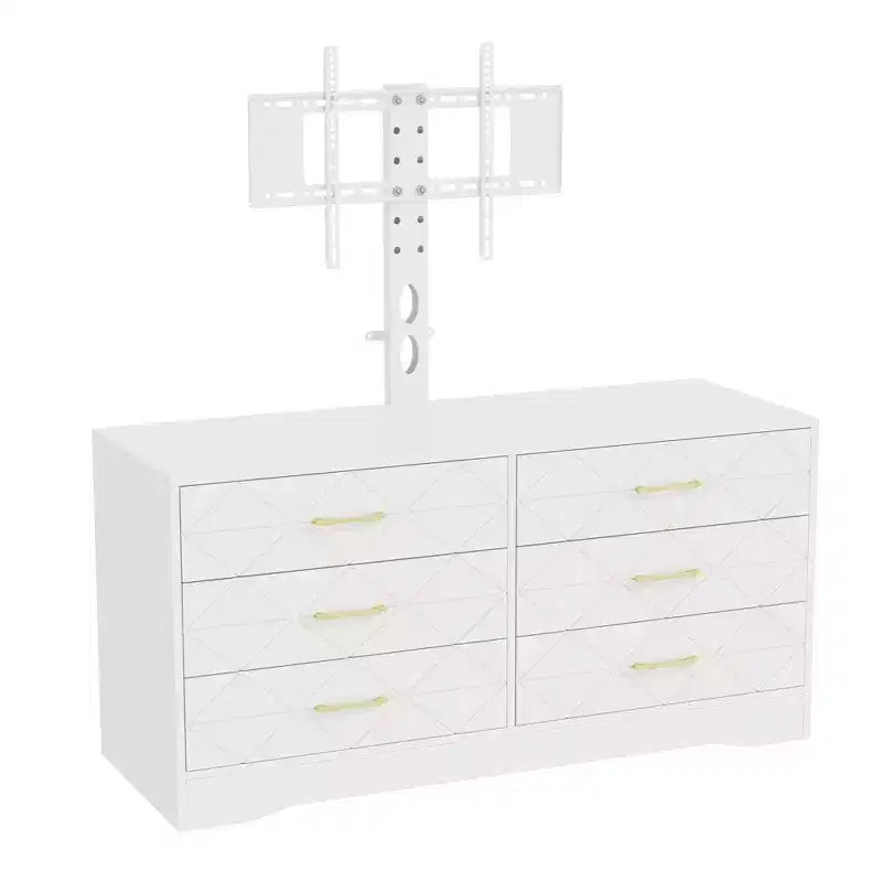 White TV Stand with Mount for 32-80 Inch TVs, 6 Drawer Wood Media Console & Entertainment Center with Height Adjustable Mount, Storage TV Dresser