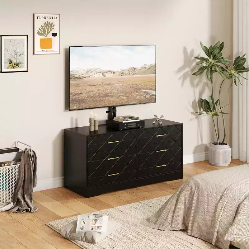 White TV Stand with Mount for 32-80 Inch TVs, 6 Drawer Wood Media Console & Entertainment Center with Height Adjustable Mount, Storage TV Dresser