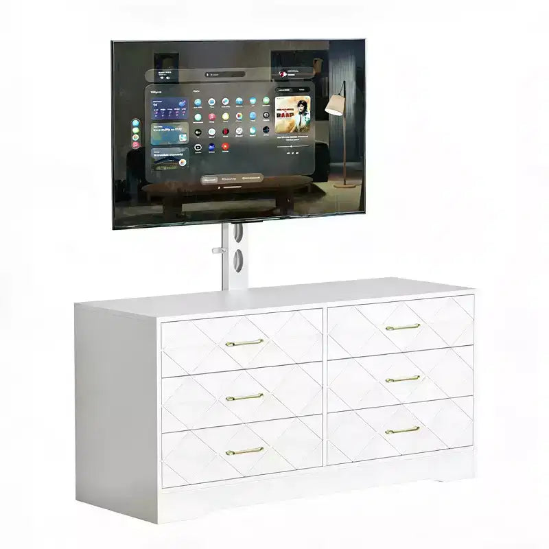 Meuble TV blanc avec support pour téléviseurs de 32 à 80 pouces, console multimédia en bois à 6 tiroirs et centre de divertissement avec support réglable en hauteur, commode TV de rangement