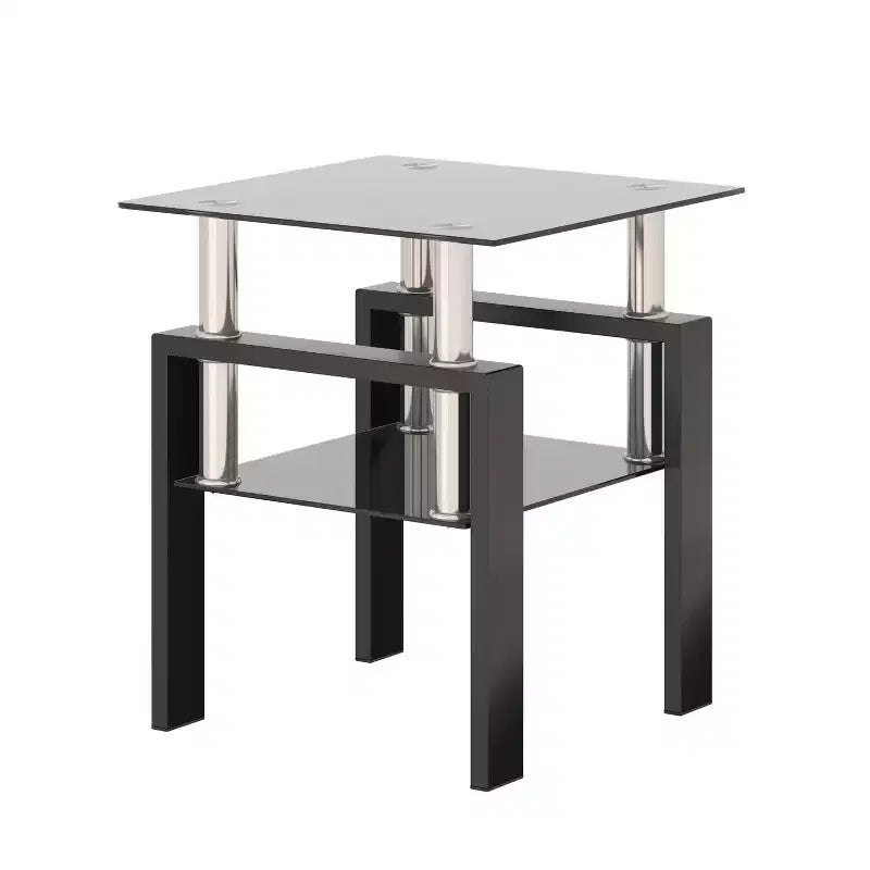 17.72 Black Tempered Glass Coffee Table, Square 2-Tier End Table with Metal Legs for Living Room Bedroom