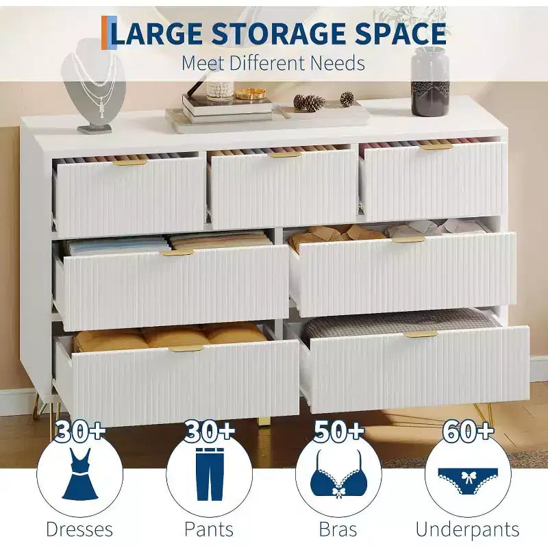 7 Drawer Modern Dresser, 47.2 in Wide Wooden Chest with Gold Metal Legs & Handles, for Bedroom, Entryway, Living Room, Office