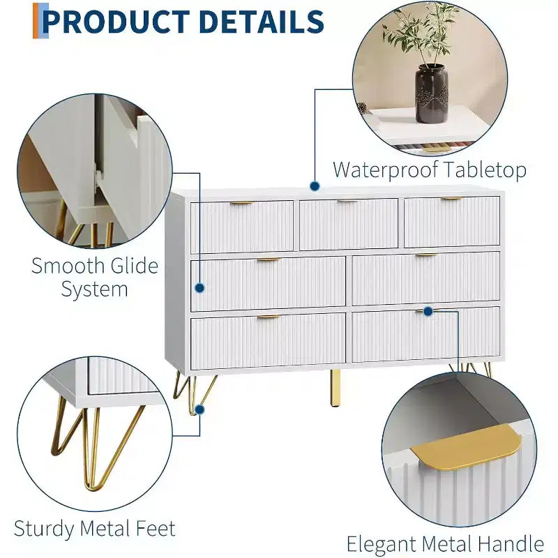 7 Drawer Modern Dresser, 47.2 in Wide Wooden Chest with Gold Metal Legs & Handles, for Bedroom, Entryway, Living Room, Office