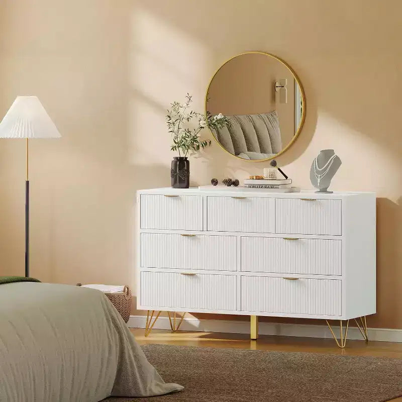 7 Drawer Modern Dresser, 47.2 in Wide Wooden Chest with Gold Metal Legs & Handles, for Bedroom, Entryway, Living Room, Office
