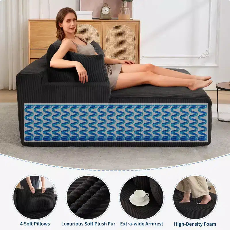 Oversized Corduroy Sleeper Sofa Bed - 79'' Deep Seat, No Assembly, 4 Pillows & Armrests, Comfy Cloud Loveseat for Living Room, Bedroom, Office