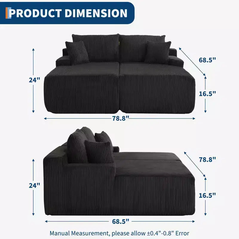 Oversized Corduroy Sleeper Sofa Bed - 79'' Deep Seat, No Assembly, 4 Pillows & Armrests, Comfy Cloud Loveseat for Living Room, Bedroom, Office