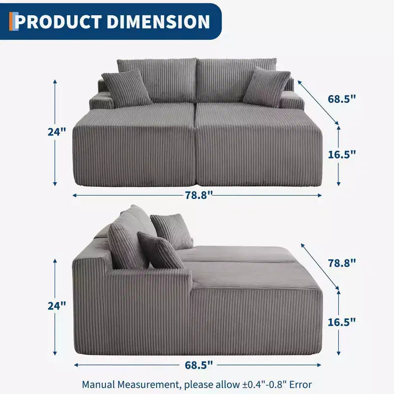Oversized Corduroy Sleeper Sofa Bed - 79'' Deep Seat, No Assembly, 4 Pillows & Armrests, Comfy Cloud Loveseat for Living Room, Bedroom, Office
