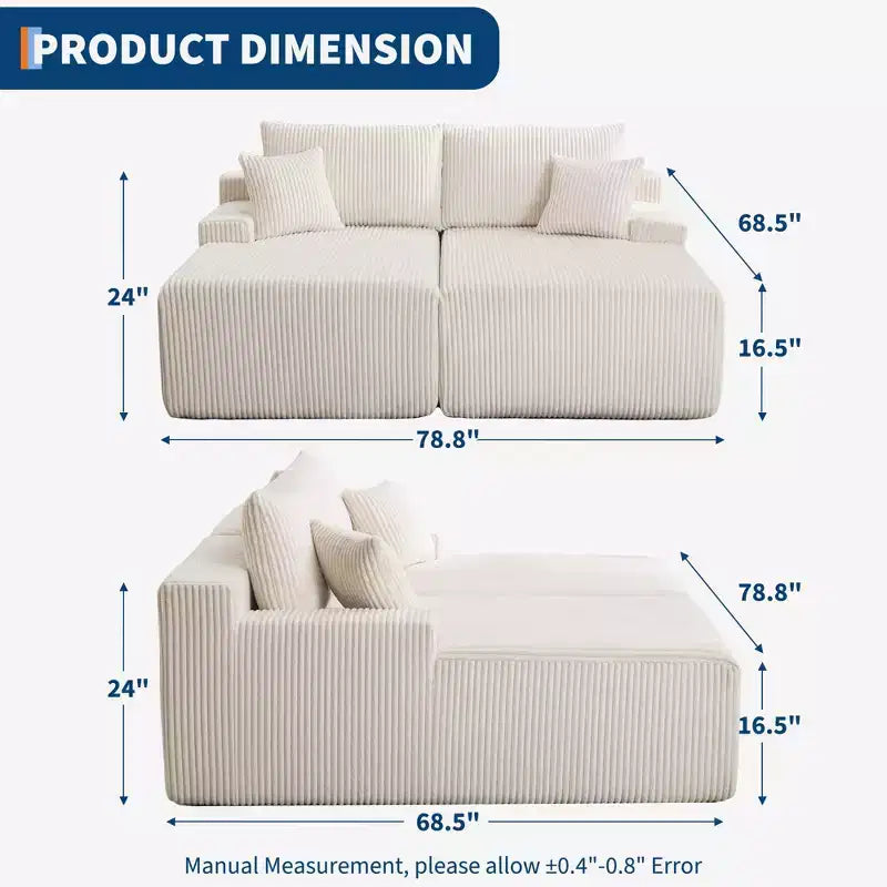 Oversized Corduroy Sleeper Sofa Bed - 79'' Deep Seat, No Assembly, 4 Pillows & Armrests, Comfy Cloud Loveseat for Living Room, Bedroom, Office
