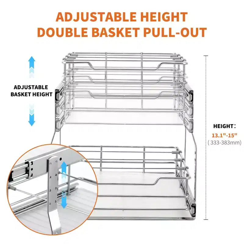 Kitchen Cabinet Pull-Out Basket, Metal Slide Out Drawer with Double Layer Slide Rail, Smooth Sliding Organizer for Pots Pans Spices