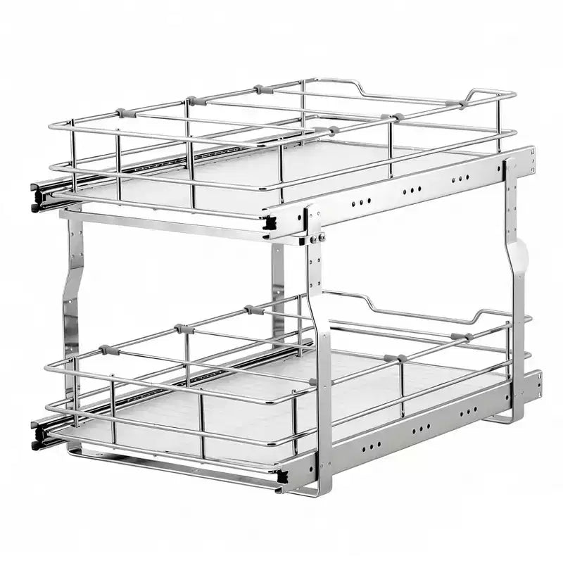 Kitchen Cabinet Pull-Out Basket, Metal Slide Out Drawer with Double Layer Slide Rail, Smooth Sliding Organizer for Pots Pans Spices