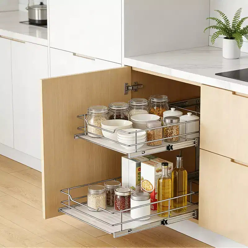 Kitchen Cabinet Pull-Out Basket, Metal Slide Out Drawer with Double Layer Slide Rail, Smooth Sliding Organizer for Pots Pans Spices