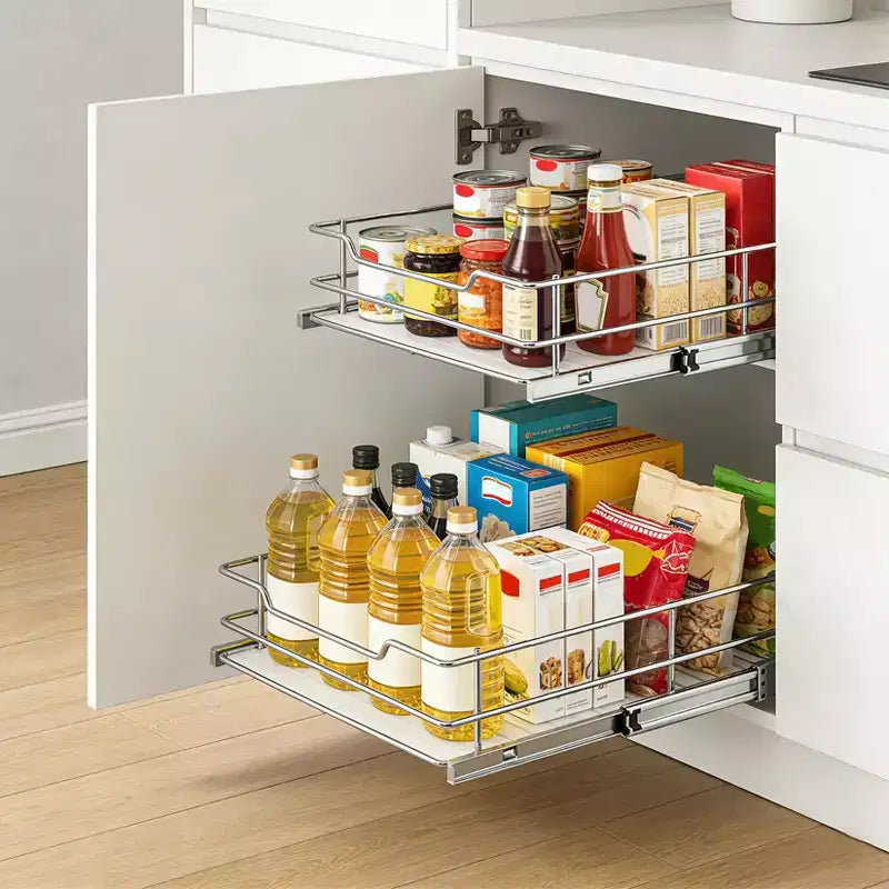 Kitchen Cabinet Pull-Out Basket, Metal Slide Out Drawer with Double Layer Slide Rail, Smooth Sliding Organizer for Pots Pans Spices