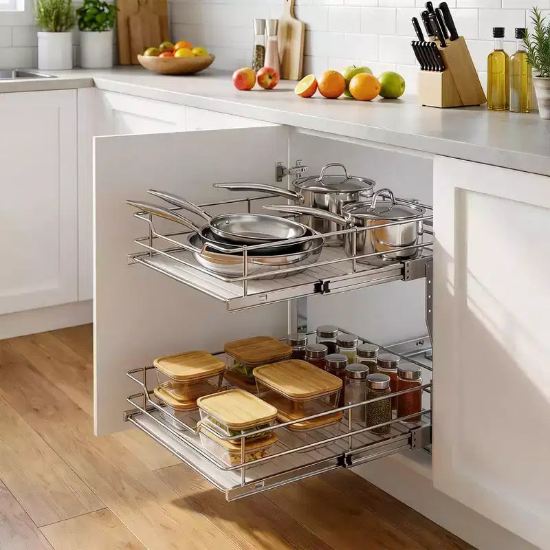 Kitchen Cabinet Pull-Out Basket, Metal Slide Out Drawer with Double Layer Slide Rail, Smooth Sliding Organizer for Pots Pans Spices