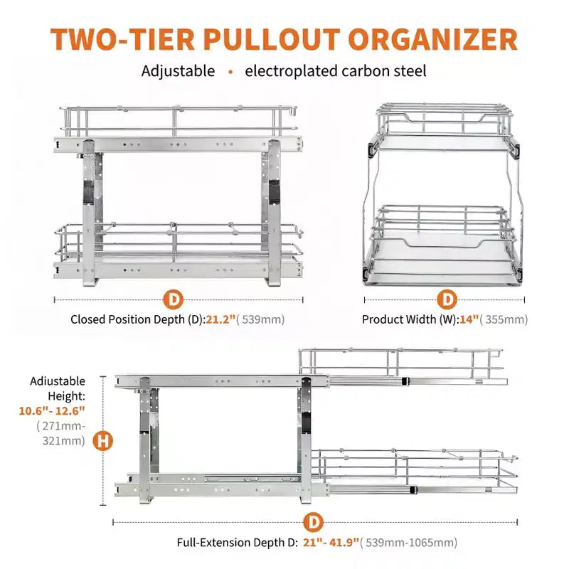 Kitchen Cabinet Pull-Out Basket, Metal Slide Out Drawer with Double Layer Slide Rail, Smooth Sliding Organizer for Pots Pans Spices