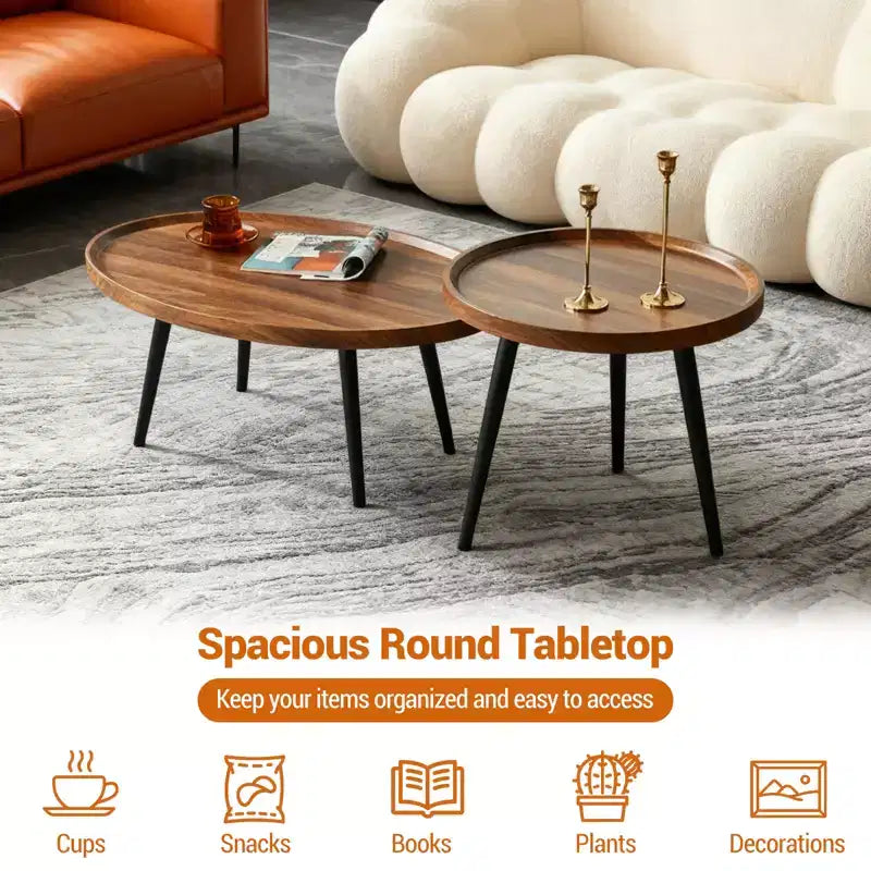 2-Piece Nesting Coffee Table Set, Modern Walnut Side Tables, Space-Saving End Tables for Living Room, Bedroom, Apartment