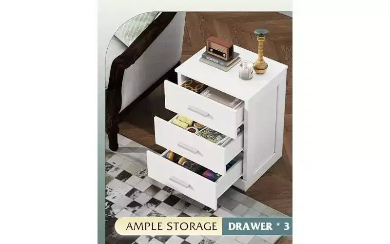 DEXYLLO Night Stand, Wood Nightstand with 3 Drawers, Bed Side Table for Bedroom, Living Room, Dorm