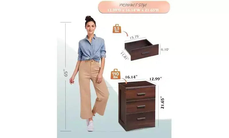 DEXYLLO Night Stand, Wood Nightstand with 3 Drawers, Bed Side Table for Bedroom, Living Room, Dorm