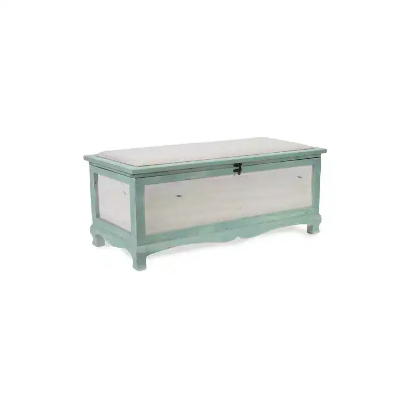 HomeRoots Rectangular Green Wooden With Seat Cushion And Inside Storage Bench