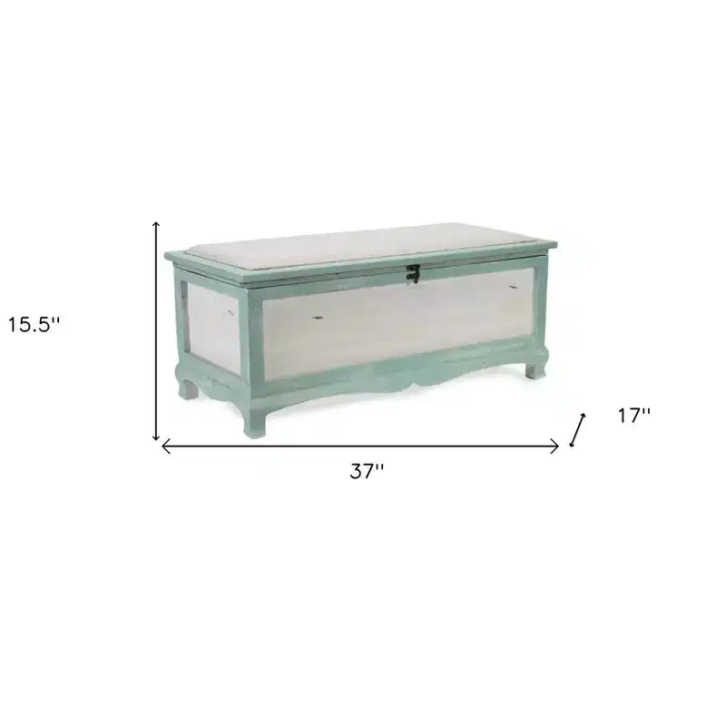 HomeRoots Rectangular Green Wooden With Seat Cushion And Inside Storage Bench