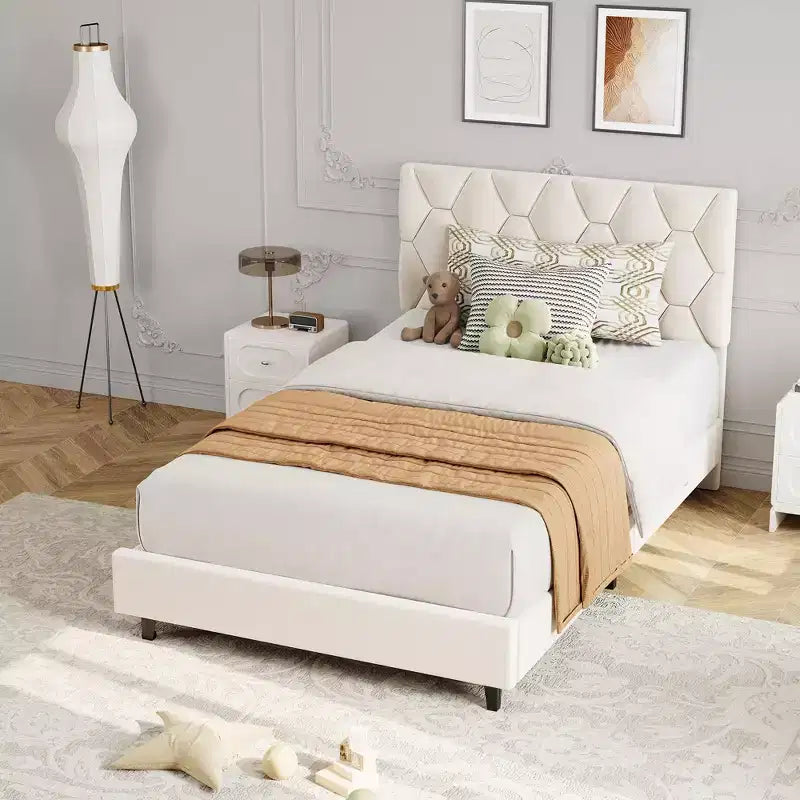Modern Upholstered Platform Bed Frame with Adjustable Headboard  Heavy Duty Wood Slats  Sturdy Support  Noise-Free  No Box Spring Needed(Beige)