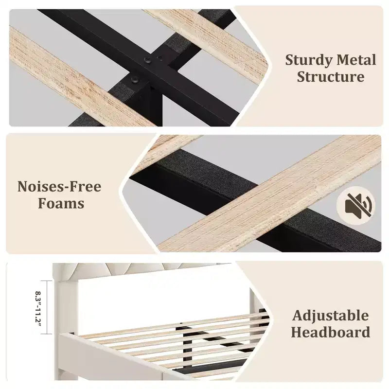 Modern Upholstered Platform Bed Frame with Adjustable Headboard  Heavy Duty Wood Slats  Sturdy Support  Noise-Free  No Box Spring Needed(Beige)