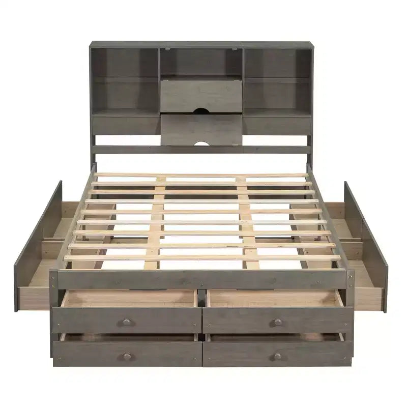 FAMYYT Queen Size Platform Bed with Storage Shelf and 8 Drawers, Easy Assembly