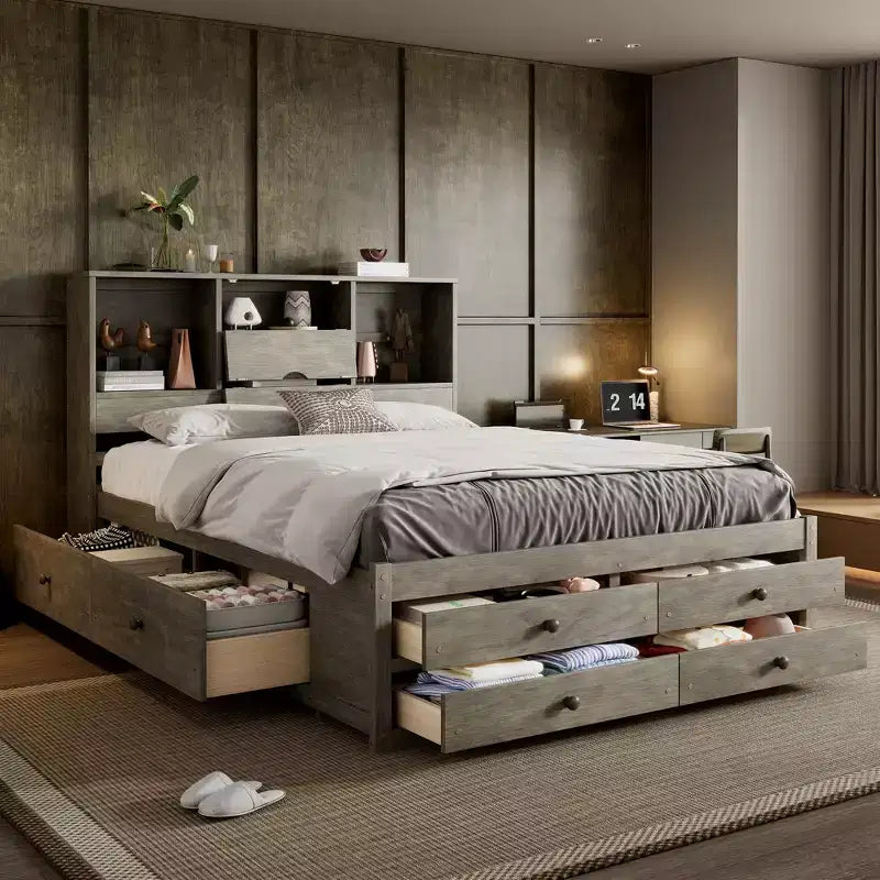 FAMYYT Queen Size Platform Bed with Storage Shelf and 8 Drawers, Easy Assembly