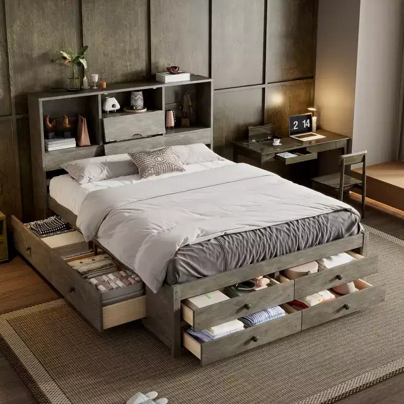 FAMYYT Queen Size Platform Bed with Storage Shelf and 8 Drawers, Easy Assembly