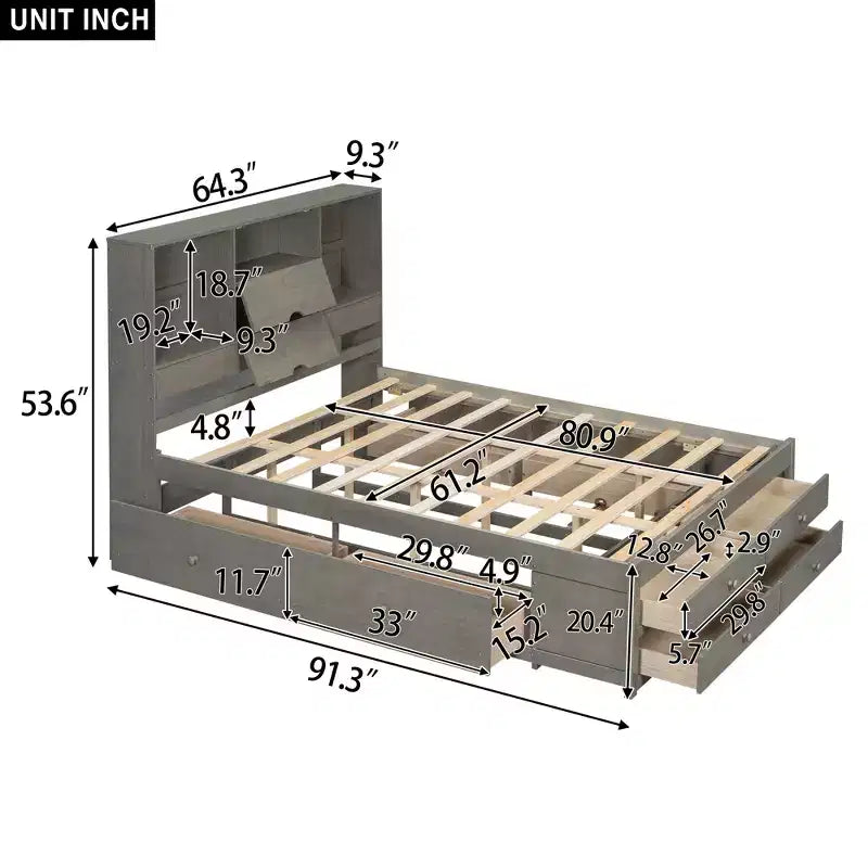 FAMYYT Queen Size Platform Bed with Storage Shelf and 8 Drawers, Easy Assembly
