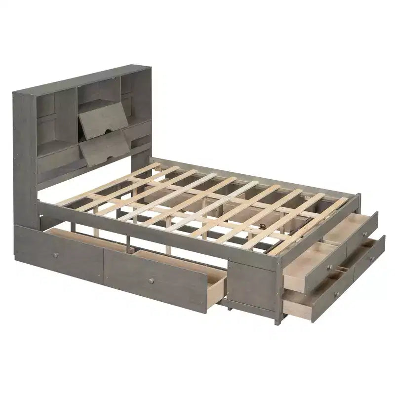 FAMYYT Queen Size Platform Bed with Storage Shelf and 8 Drawers, Easy Assembly