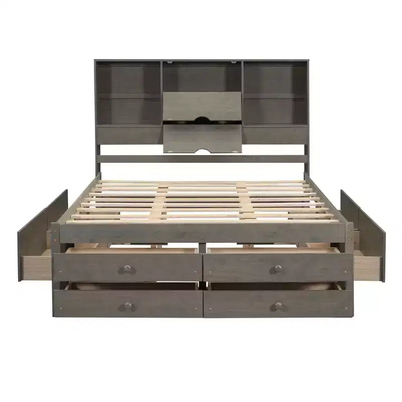 FAMYYT Queen Size Platform Bed with Storage Shelf and 8 Drawers, Easy Assembly