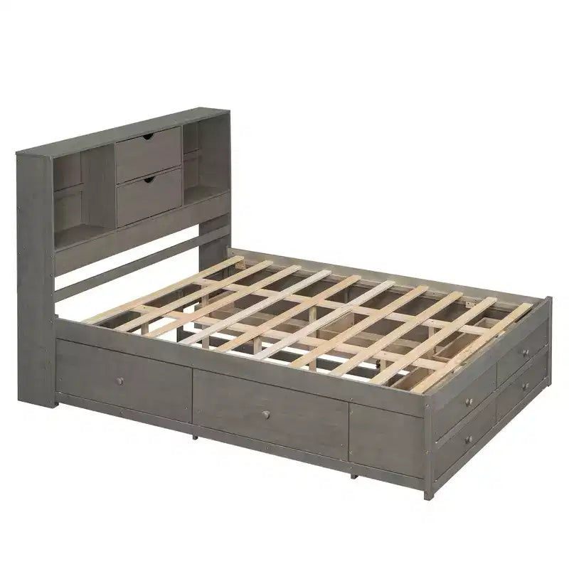 FAMYYT Queen Size Platform Bed with Storage Shelf and 8 Drawers, Easy Assembly