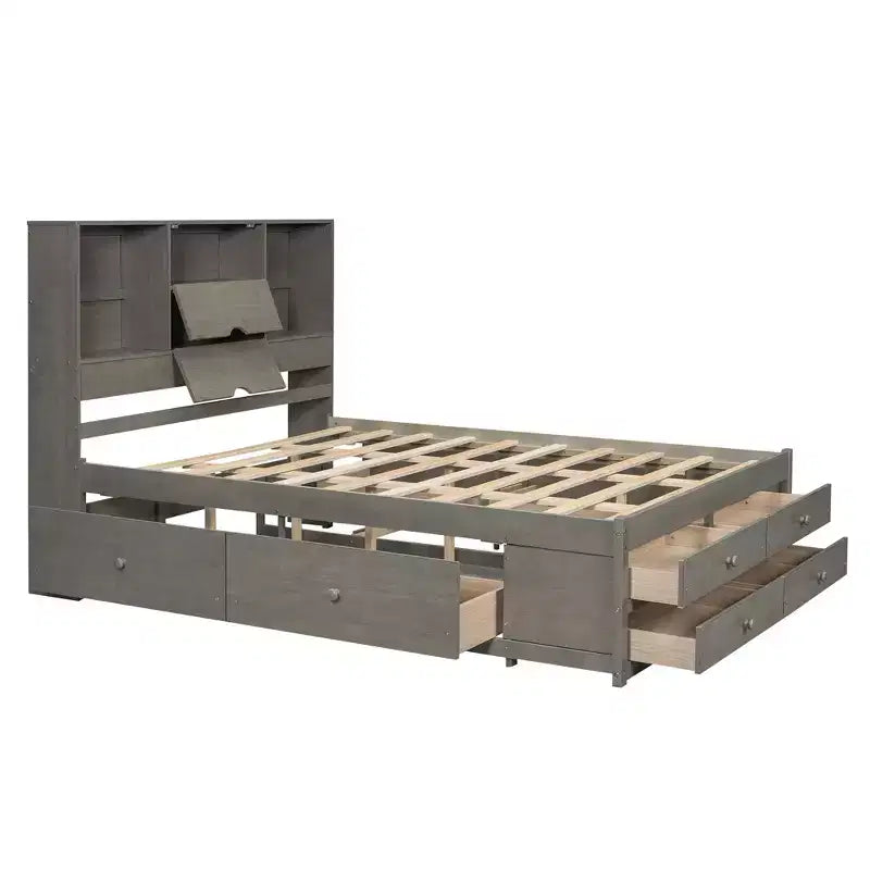 FAMYYT Queen Size Platform Bed with Storage Shelf and 8 Drawers, Easy Assembly