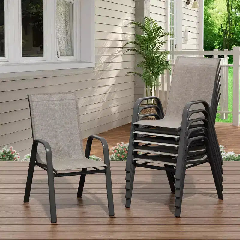 Lot de 6 Chaises de Salle à Manger Empilables pour Patio, Dossier Haut Tout Temps avec Accoudoirs, Textilène Léger, Capacité de 140kg - Idéales pour Jardin, Cour