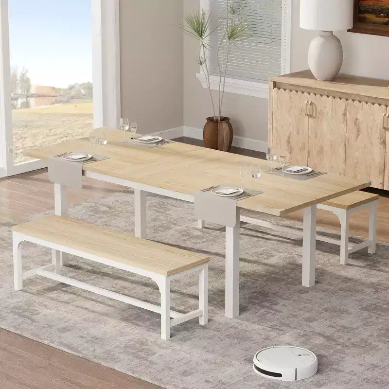 Space-Saving Extendable Office Desk  Table Only, 63 Large Mid-Century, Metal Frame, Easy-Clean MDF  Wood Color Board + White Iron Frame