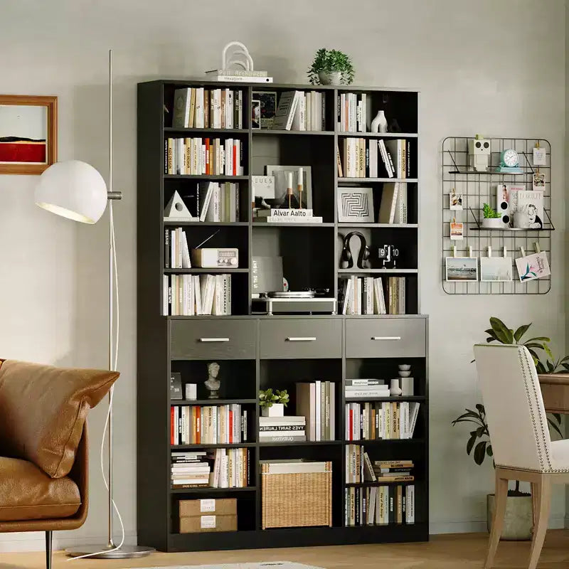 Garvee 75 Tall Bookcase with Drawers, 47 Wide Large 9-Tier Farmhouse Wooden Bookshelf Storage Cabinet with Adjustable Shelves for Living Room