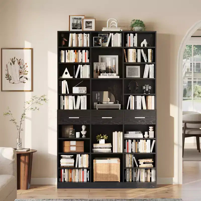 Garvee 75 Tall Bookcase with Drawers, 47 Wide Large 9-Tier Farmhouse Wooden Bookshelf Storage Cabinet with Adjustable Shelves for Living Room