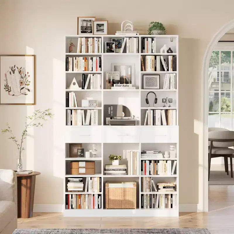 Garvee 75 Tall Bookcase with Drawers, 47 Wide Large 9-Tier Farmhouse Wooden Bookshelf Storage Cabinet with Adjustable Shelves for Living Room