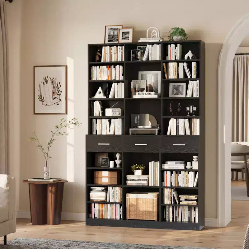 Garvee 75 Tall Bookcase with Drawers, 47 Wide Large 9-Tier Farmhouse Wooden Bookshelf Storage Cabinet with Adjustable Shelves for Living Room
